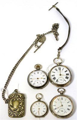 Lot 56 - Four various silver pocket and fob watches with a vesta on chain