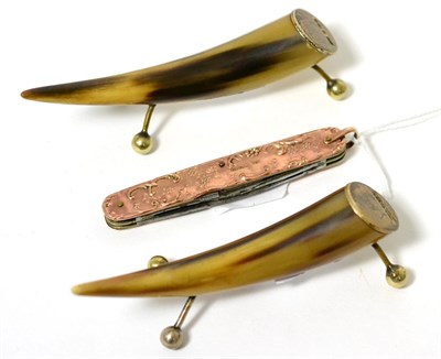 Lot 70 - Two silver mounted horn knife rests, together with a 9 carat gold pen knife