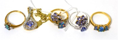 Lot 91 - A 9 carat gold tanzanite and diamond pendant on chain, a pair of 9 carat white gold tanzanite...