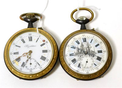 Lot 99 - Two gun metal pocket watches, one depicting a sailing ship on the dial (2)