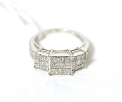 Lot 108 - A 9 carat white gold princess cut diamond triple cluster ring, total diamond weight 2.00 carat,...