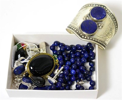 Lot 109 - Lapis lazuli set jewellery, including a necklace, bangle, bracelet, brooch, cufflinks and a pair of