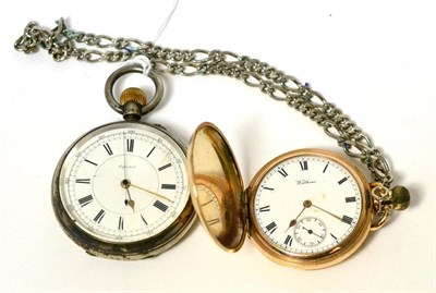 Lot 116 - Silver open faced chronograph pocket watch and a gold plated full hunter pocket watch signed...