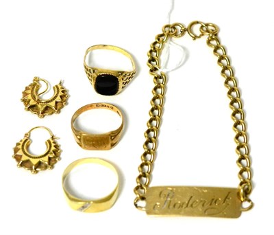 Lot 118 - A 9 carat gold identity bracelet, three 9 carat gold gent's ring and a pair of earrings