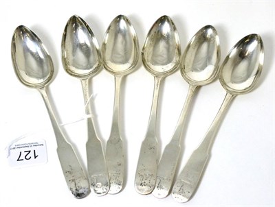 Lot 127 - A set of six silver Scottish spoons, Edinburgh hallmark, maker's mark AE, with family crest