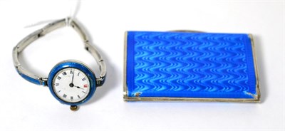 Lot 128 - A silver and blue enamel cigarette case and a silver and blue enamel wristwatch (2)