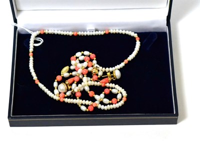 Lot 131 - A pearl and coral bead necklace, the clasp stamped 14K, a similar example stamped 375 and a pair of