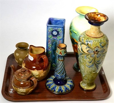 Lot 137 - Various Doulton Lambeth stoneware including two vases, candlestick, teapot and jug with a...