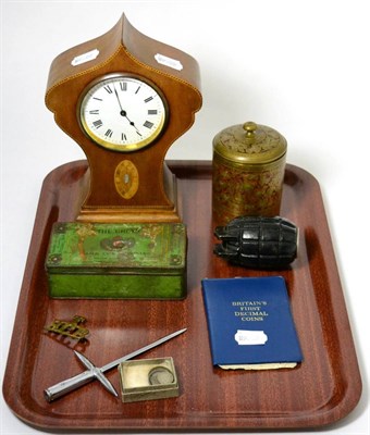 Lot 143 - An Edwardian mahogany clock, coins, trench art etc