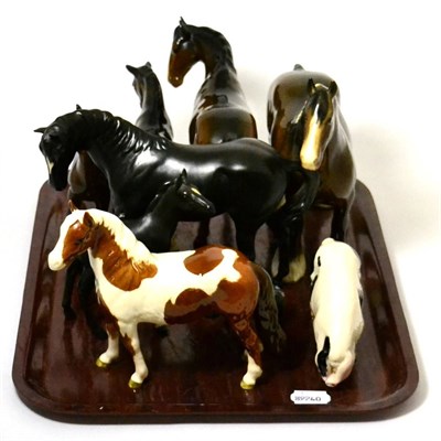 Lot 145 - Beswick Horses Including: Pinto Pony, 1373, skewbald gloss, Black Beauty, 2466 and Foal, both black