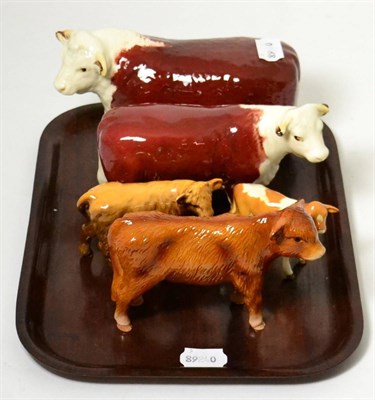 Lot 147 - Beswick Cattle Comprising: Hereford Bull, 1363A, Hereford Cow, 1360, Guernsey Calf, 1249A, Highland