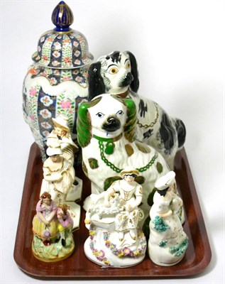 Lot 153 - Two 19th century Staffordshire spaniels and five assorted figures together with a Japanese vase and