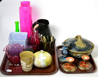 Lot 167 - Two trays of 20th century pottery and glass including studio pottery tureen and cover, etc and...