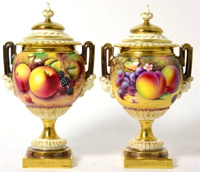 Lot 181 - A pair of Royal Worcester vases, painted on both sides with fruit, one signed P Platt, the...