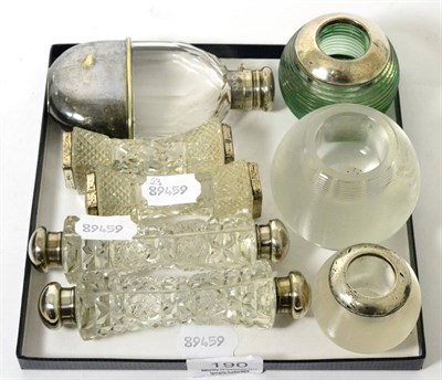 Lot 190 - A silver and electroplate mounted glass hip flask, two pairs of silver mounted cut glass knife...