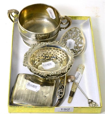 Lot 192 - Silver twin handled bowl, two baskets, cigarette case, two small letter openers and two plated...