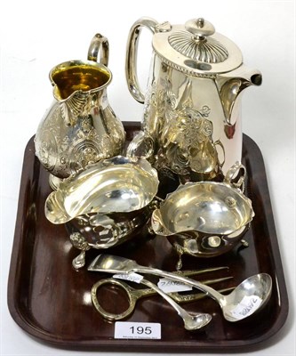 Lot 195 - Two silver sauce boats, milk jug, plated hot water jug and two spoons and a fork