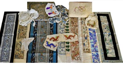 Lot 200 - Three Chinese silk embroidered sleeve bands, Chinese silk appliques, panels, cream silk pyjama...