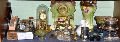 Lot 215 - A shelf of ornamental items including 400 day timepiece, Victorian pottery clock and vase,...