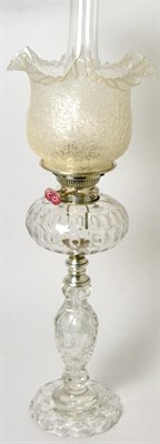 Lot 234 - A cut glass oil lamp and shade, the fitting marked Hinks & Sons, patent