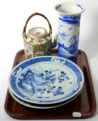 Lot 247 - A pair of Oriental blue and white porcelain plates, a Cantonese famille rose tea pot and a blue and