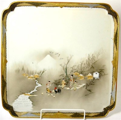 Lot 255 - A Japanese porcelain tray, early 20th century, handpainted with figural landscape, signed to...