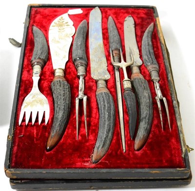 Lot 258 - A silver mounted seven piece carving and serving set with antler handles the fitted case with...