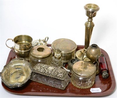 Lot 259 - Assorted silver items to include candlestick, dressing table pots, scent bottle etc