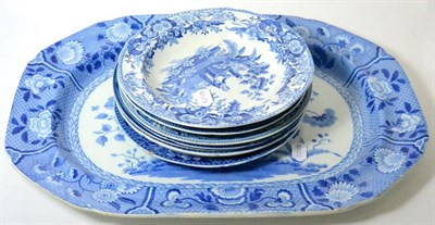 Lot 266 - A large blue and white platter, and eight plates including Spode, all early 19th century