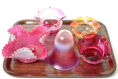 Lot 268 - Cranberry vaseline light shade, Nailsea bowl and three dishes