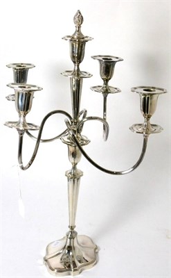 Lot 273 - A silver plated candelabra, by Walker & Hall, five lights, scroll arms, tapered stem, shaped...