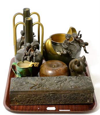 Lot 282 - A group of Continental patinated metalware vases, an Oriental dragon decorated glove box, a...