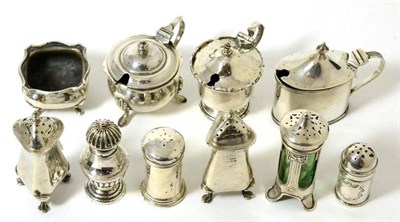 Lot 299 - Three silver mustard pots, a pair of pepper casters, four various caster and a salt