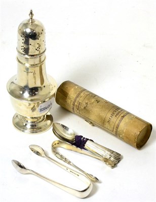 Lot 301 - A silver sugar castor, two sets of silver George V teaspoons and two pairs of silver sugar nips