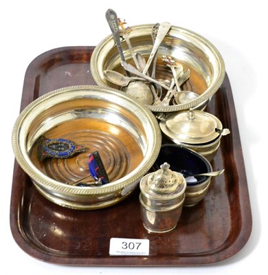 Lot 307 - A pair of modern silver wine coasters, a three piece condiment set and various silver spoons