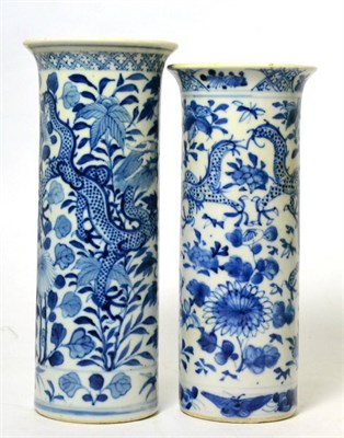 Lot 319 - Two Chinese blue and white cylindrical vases, painted with dragons