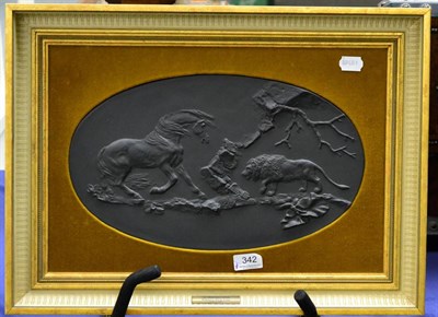 Lot 342 - A Wedgwood black basalt plaque "The Frightened Horse" framed