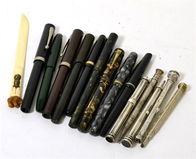 Lot 354 - A collection of fountain pens and silver and plated propelling pen/pencils, including examples...