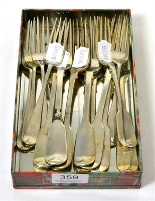 Lot 359 - A set of six silver fiddle pattern table forks; another part set of four; a set of six...