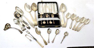 Lot 361 - A group of assorted silver spoons to include two George III tablespoons part sets of teaspoons etc