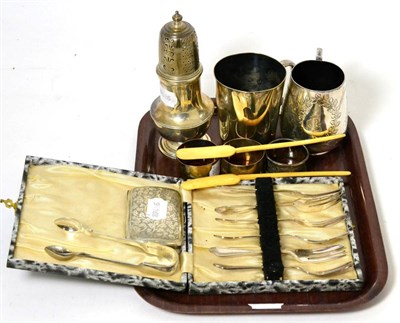 Lot 362 - A silver sugar caster; three silver napkin rings; silver cigarette case and various plated wares