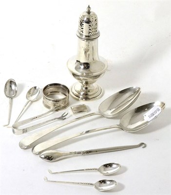 Lot 368 - A Georgian style silver sugar castor, Birmingham 1911, with a pair of George IV silver table...