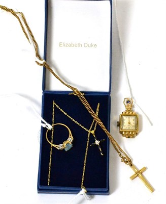 Lot 376 - A collection of assorted gold jewellery including two crucifix, two rings and a watch