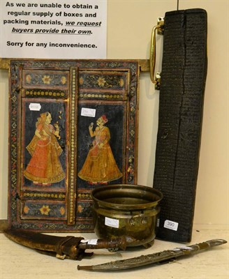 Lot 390 - An 18th century Middle Eastern carved wooden panel, a Hejaz dagger, Jordan, a Kukri, an Indian...