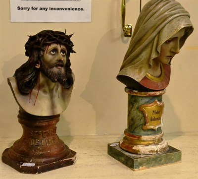 Lot 393 - A carved and polychrome bust of the Virgin Mary on column plinth base; and a polychrome plaster...