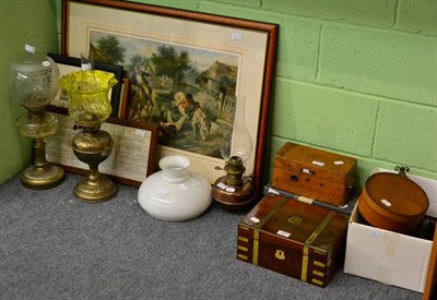 Lot 394 - Two Victorian brass oil lamps, one with a uranium glass shade, lantern, 19th century brass...