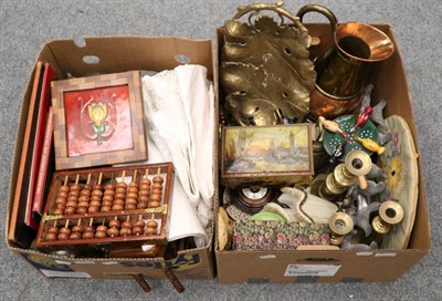 Lot 1004 - A quantity of collectors items including brass candlesticks, copper jug, two chess sets, art...