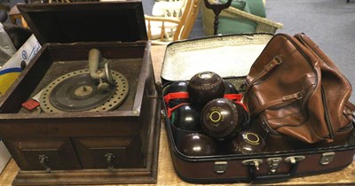 Lot 1010 - A mahogany cased gramophone and bowling balls