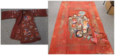 Lot 1012 - An early 20th century Chinese wall hanging embroidered with figures, and a wine coloured...