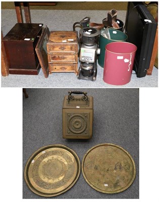 Lot 1021 - A group of miscellaneous including two Middle Eastern brass table tops, a small specimen chest,...